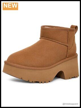 Suede Ankle Booties with Platform Heel, Wool Lining, Pull-On Casual Boots
